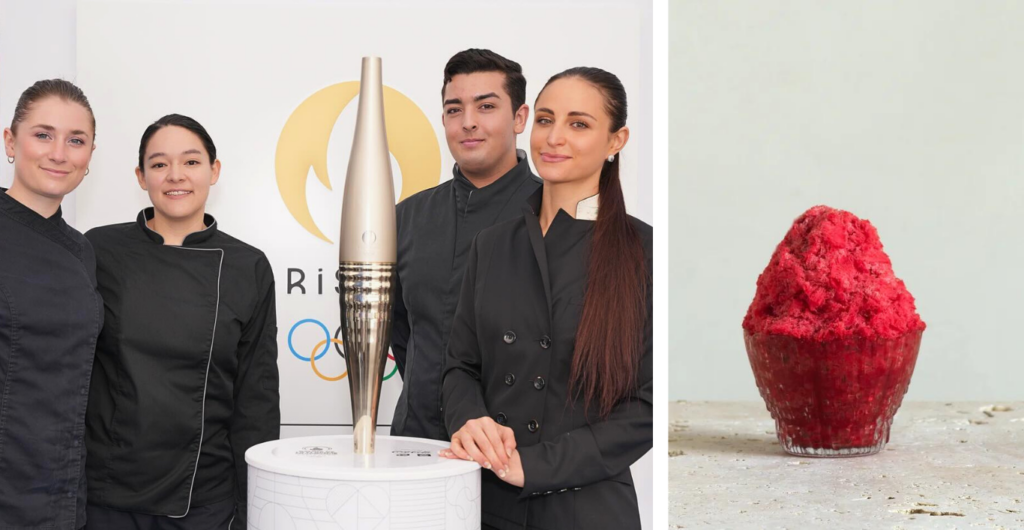 Jade Genin et son équipe en veste de chef noire à côté d'une sculpture dorée, flanquée d'un sorbet rouge intense.